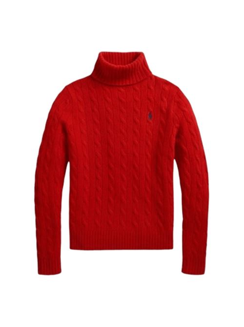 Maglia da donna in lana e cashmere con lavorazione a trecce, collo alto, colore rosso fuoco POLO RALPH LAUREN | 211888686023